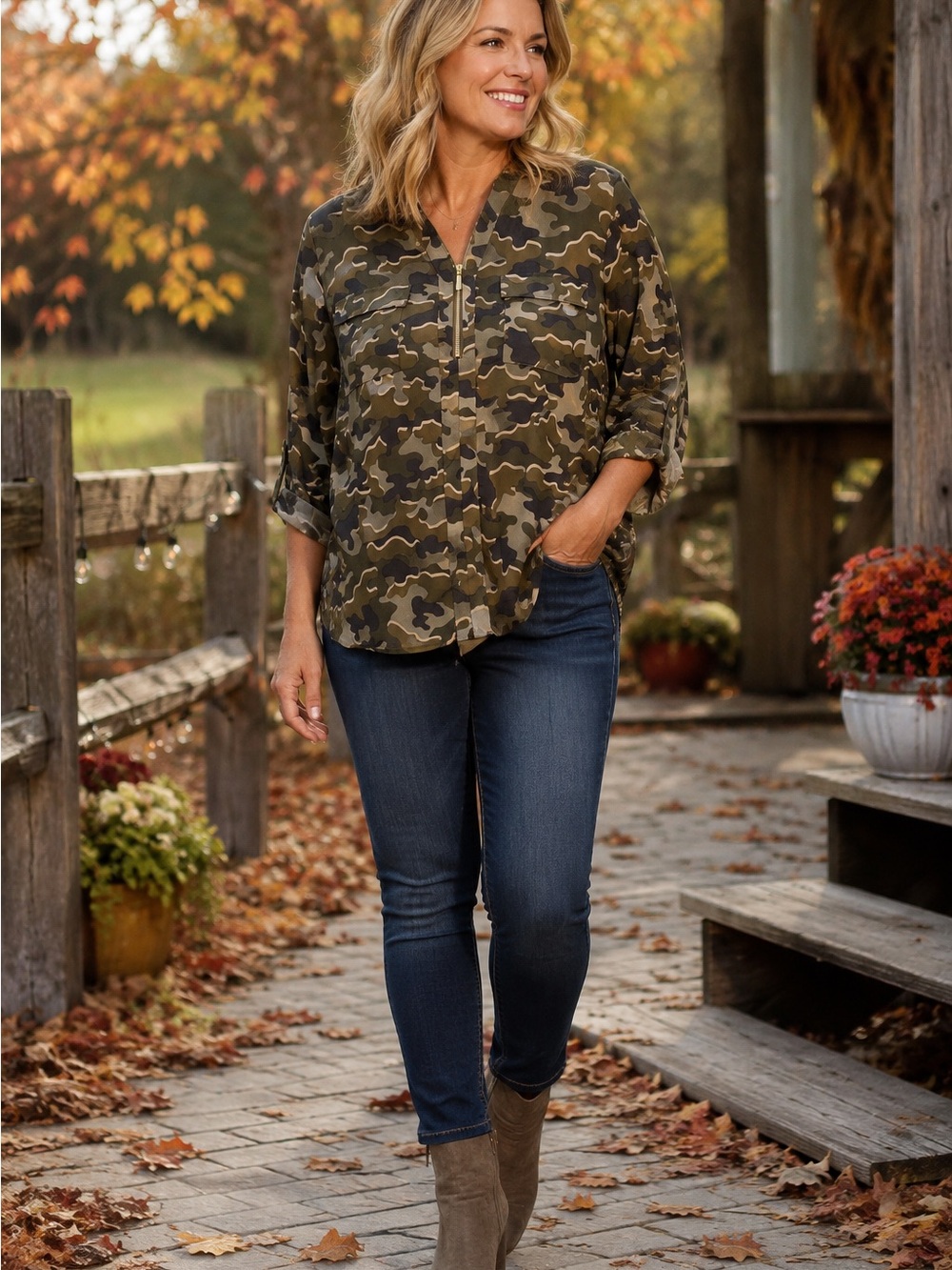 Cato XL Camo Utility Blouse Gold Half Zip Roll Tab Sleeve Lightweight Top